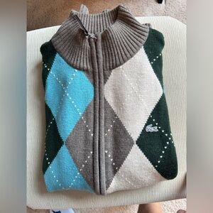 Lacoste brown wool argyle zip up sweater, size 5.